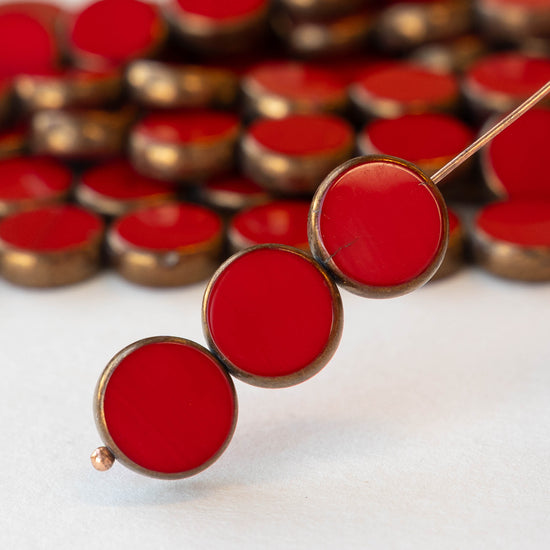 12mm Coin Beads - Opaque Red with Bronze - 10 beads