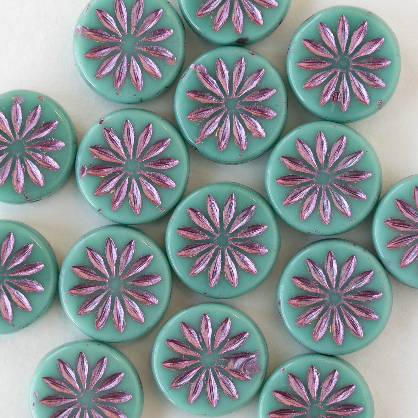 12mm Sun Coin Beads - Opaque Turquoise with Metallic Pink Wash - 6 Beads