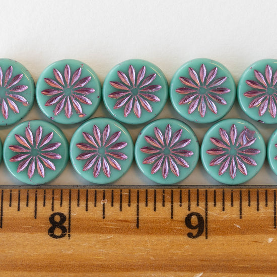 12mm Sun Coin Beads - Opaque Turquoise with Metallic Pink Wash - 6 Beads