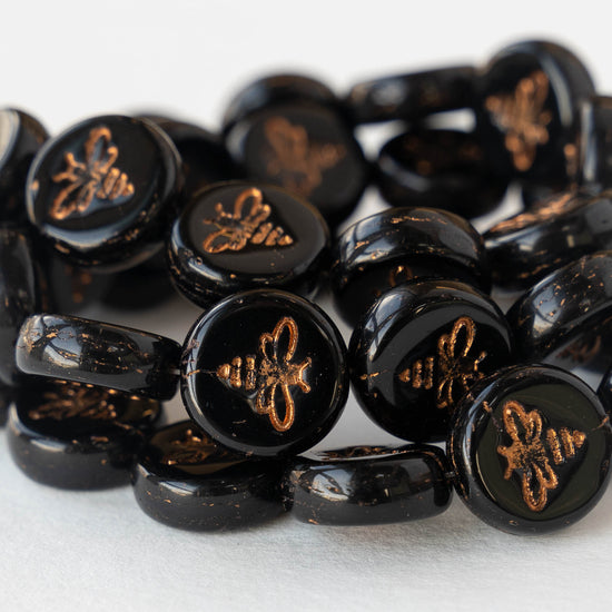 12mm Honey Bee Coin Beads - Black with Bronze Wash - 12 Beads