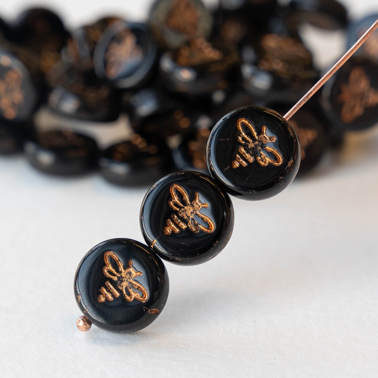 12mm Honey Bee Coin Beads - Black with Bronze Wash - 12 Beads