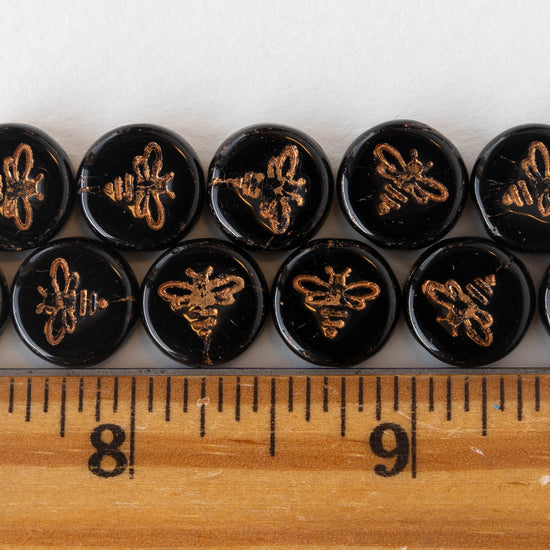 12mm Honey Bee Coin Beads - Black with Bronze Wash - 12 Beads