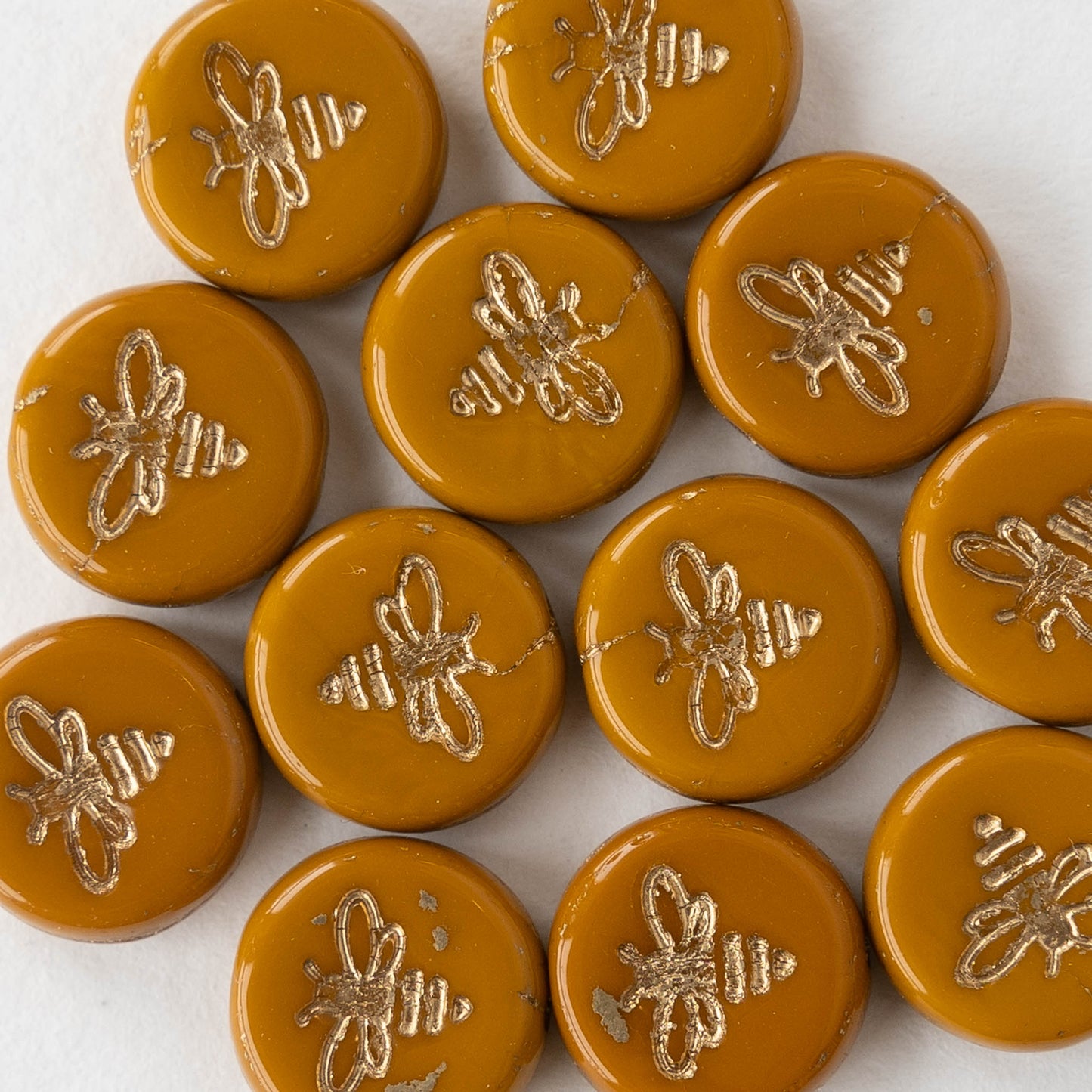 12mm Glass Honey Bee Coin Beads - Opaque Ochre with Gold Wash - 12 Beads