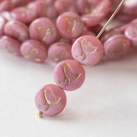 12mm Bird Coin Beads - Pink Silk with Gold Wash - 15 beads
