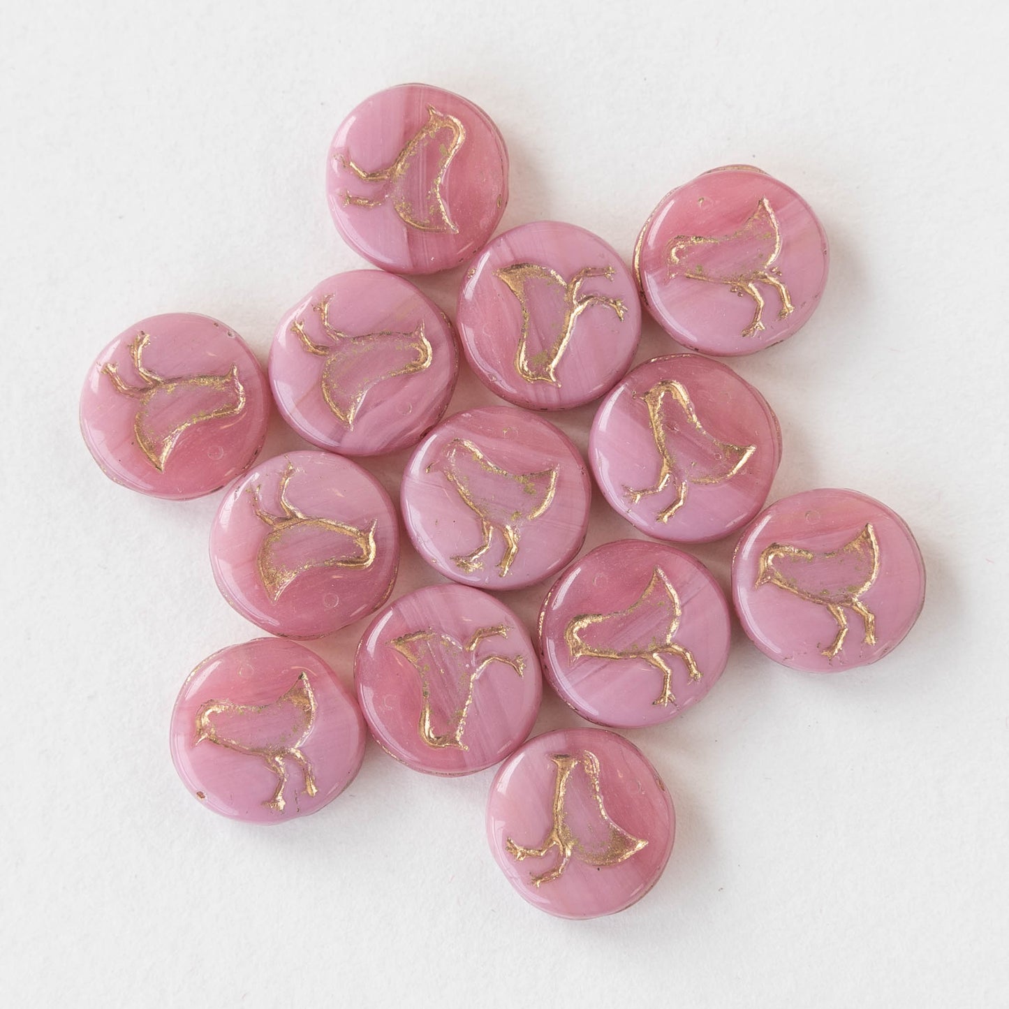 Load image into Gallery viewer, 12mm Bird Coin Beads - Pink Silk with Gold Wash - 15 beads
