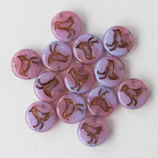 11mm Bird Coin bead - Pink and Lilac Opaline with Bronze - 15 beads
