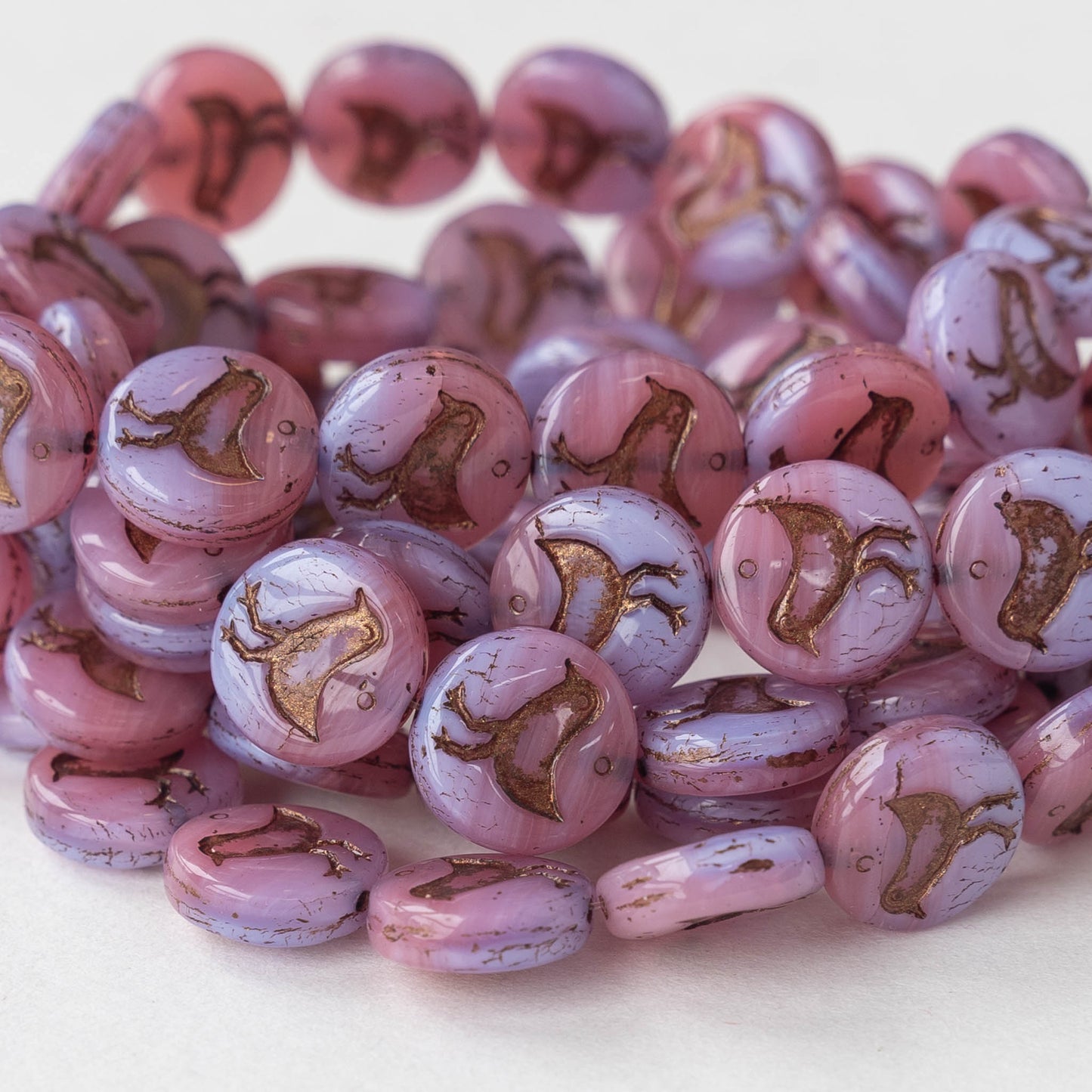 11mm Bird Coin bead - Pink and Lilac Opaline with Bronze - 15 beads