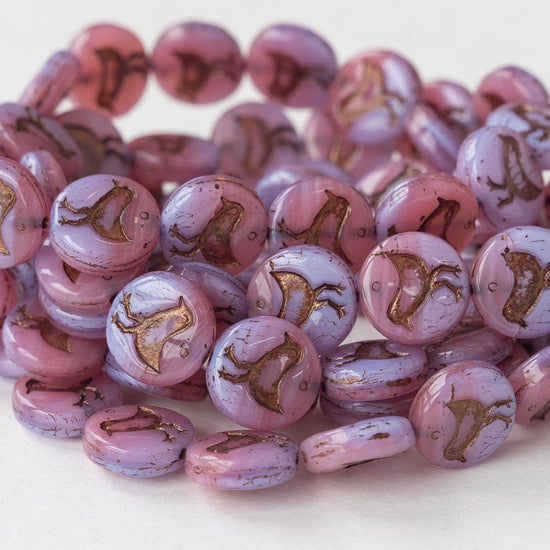 11mm Bird Coin bead - Pink and Lilac Opaline with Bronze - 15 beads