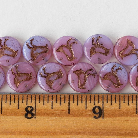 11mm Bird Coin bead - Pink and Lilac Opaline with Bronze - 15 beads