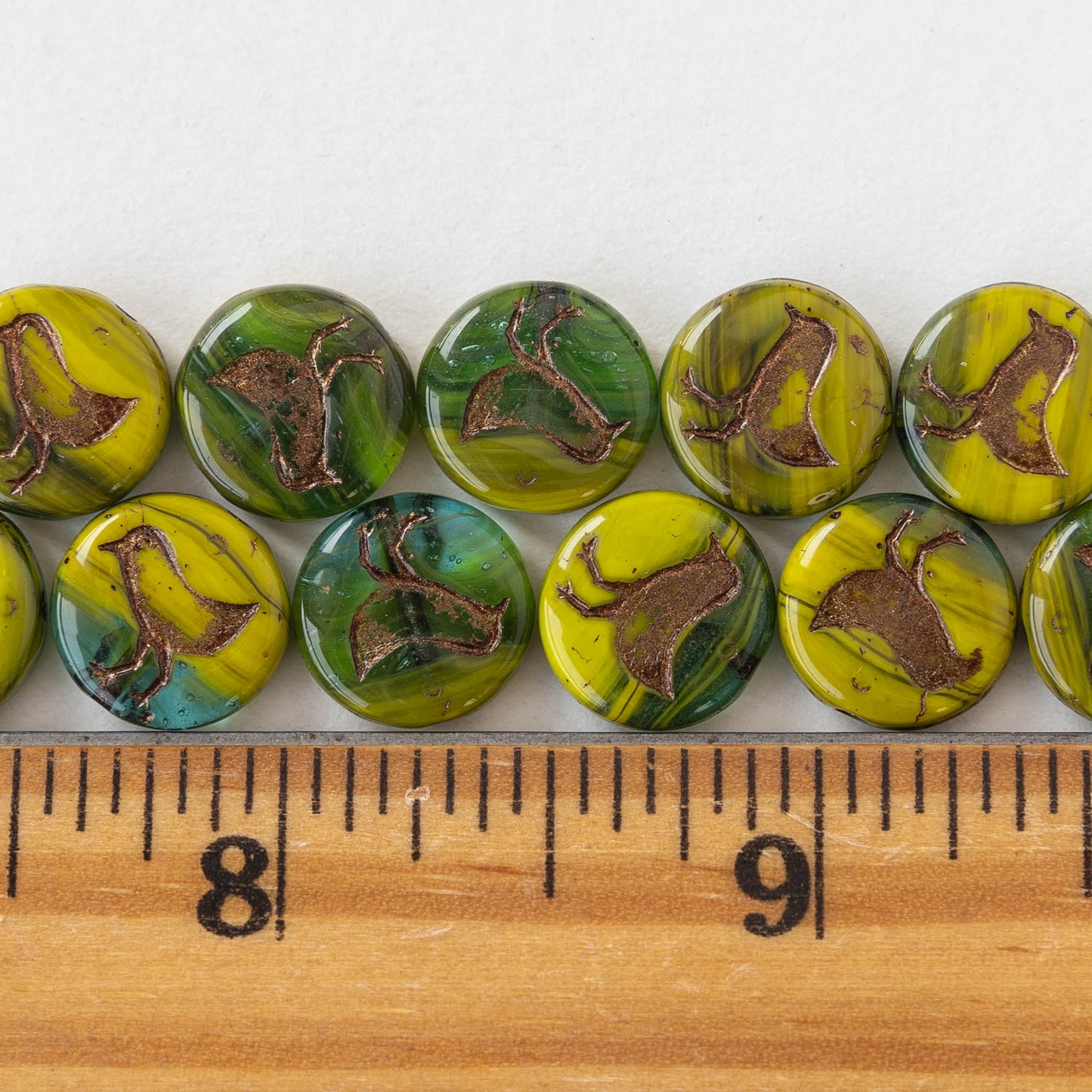 12mm Bird Coin Beads - Green Yellow Mix with Dk. Bronze Wash - 15 beads