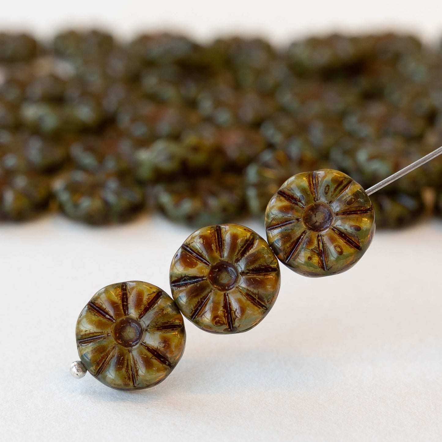 12mm Sunflower Coin Beads - Olive Green Picasso - 20 Beads