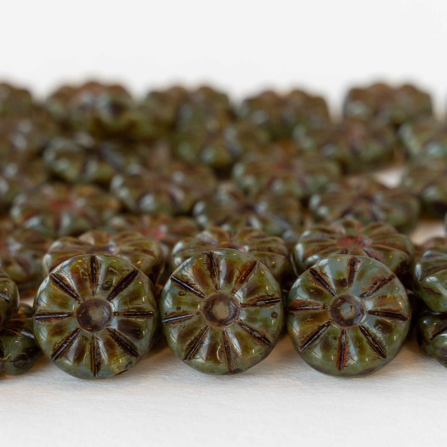 12mm Sunflower Coin Beads - Olive Green Picasso - 20 Beads