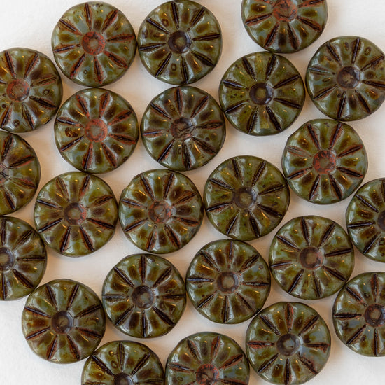 12mm Sunflower Coin Beads - Olive Green Picasso - 20 Beads