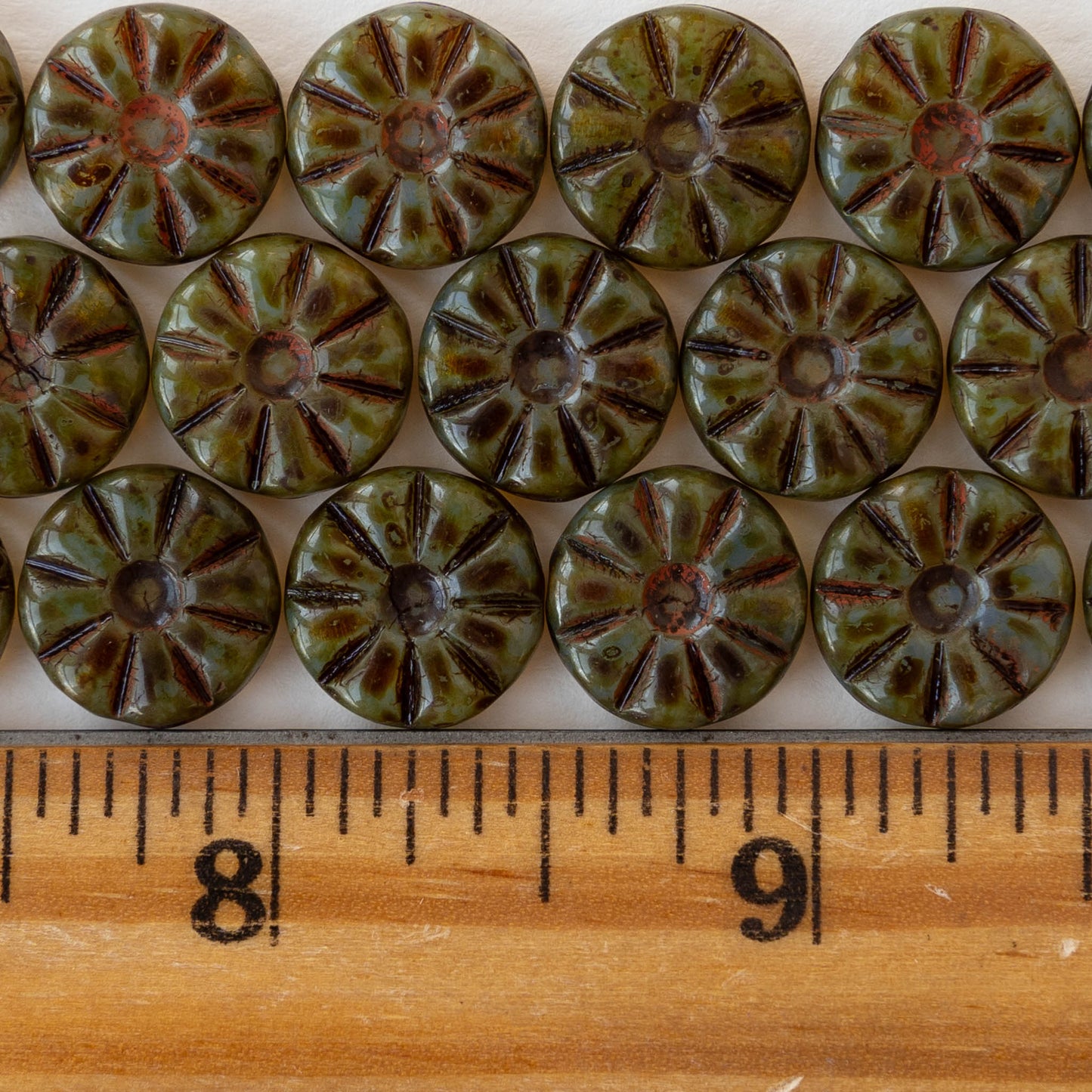 12mm Sunflower Coin Beads - Olive Green Picasso - 20 Beads