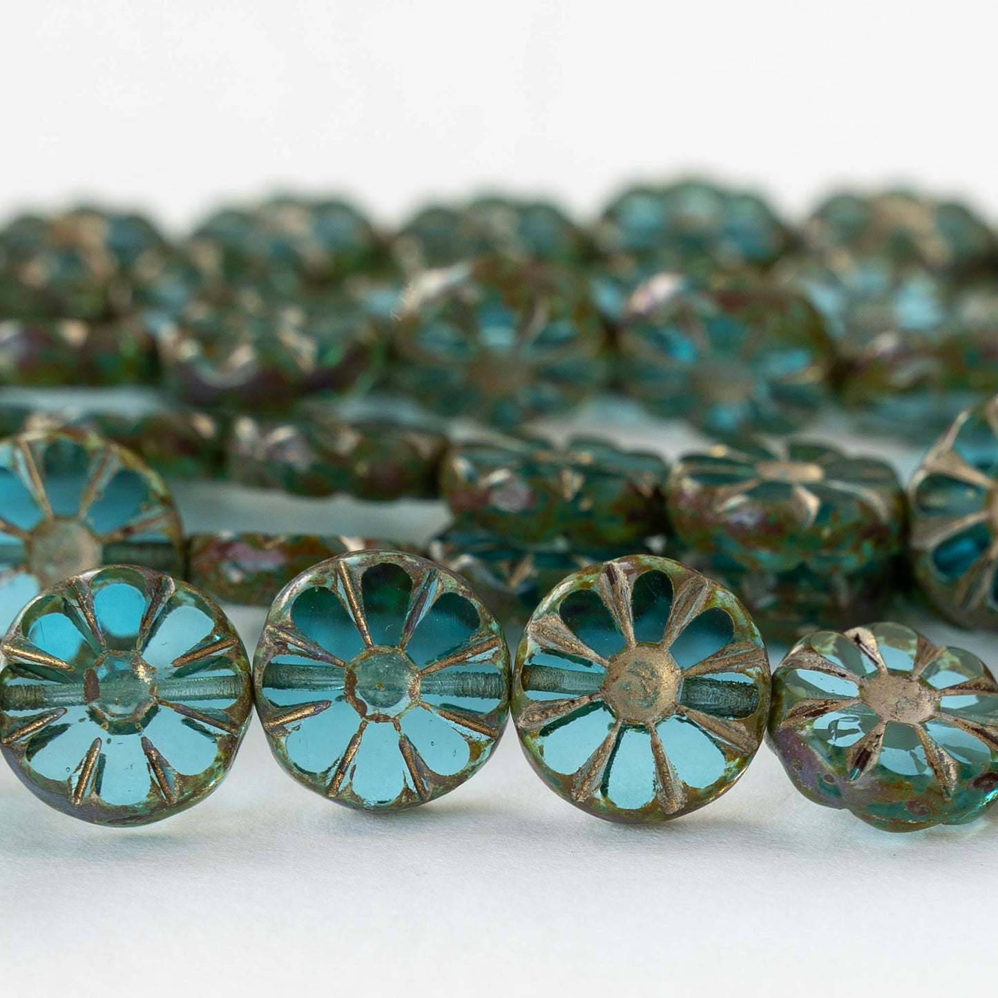 12mm Sunflower Coin Beads - Transparent Teal with Gold Wash - 8 beads