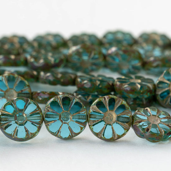 12mm Sunflower Coin Beads - Transparent Teal with Gold Wash - 8 beads