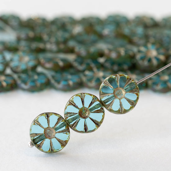 12mm Sunflower Coin Beads - Transparent Teal with Gold Wash - 8 beads