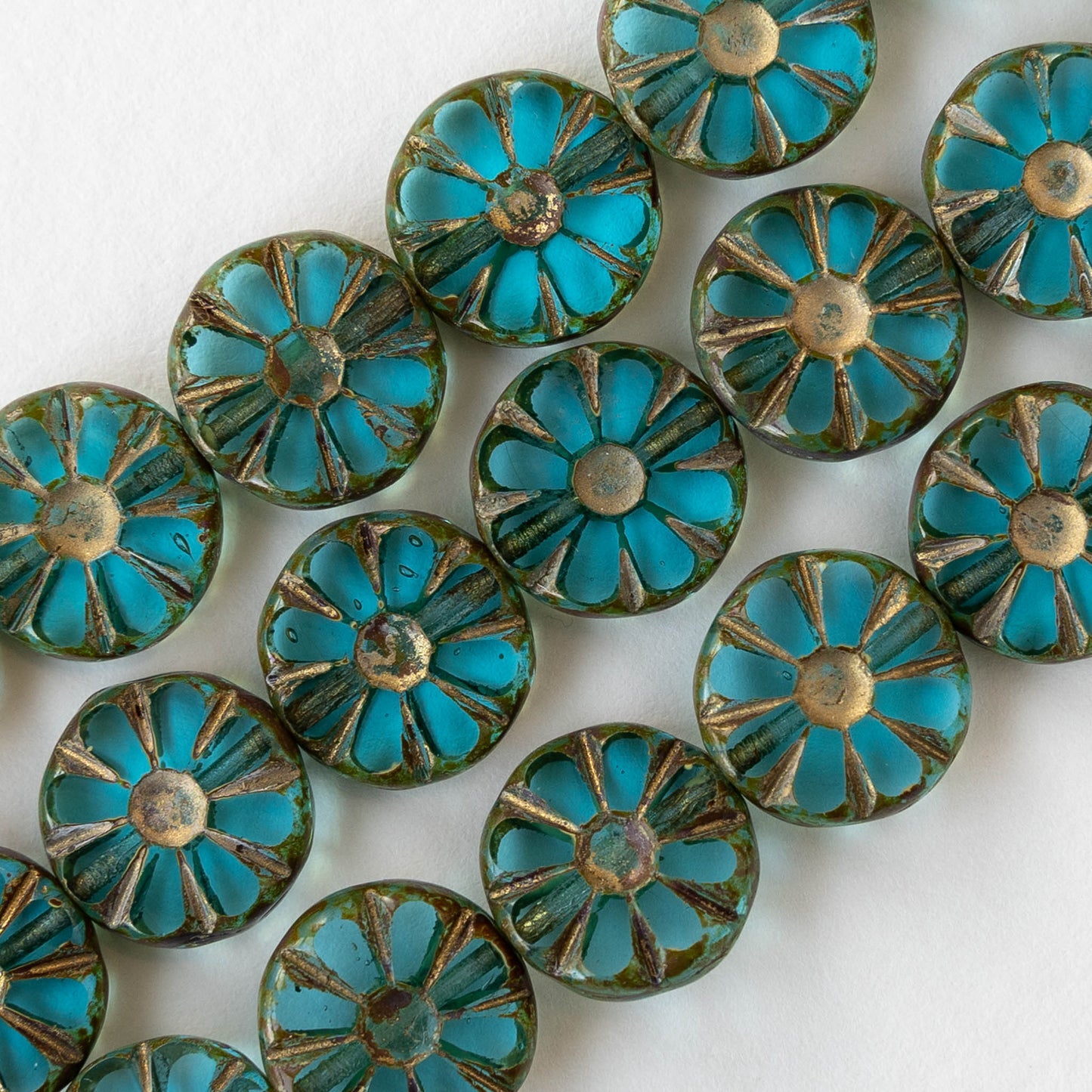 12mm Sunflower Coin Beads - Transparent Teal with Gold Wash - 8 beads