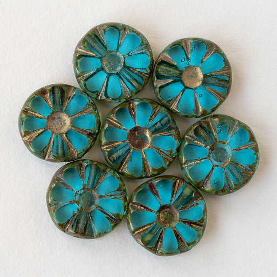 12mm Sunflower Coin Beads - Transparent Teal with Gold Wash - 8 beads