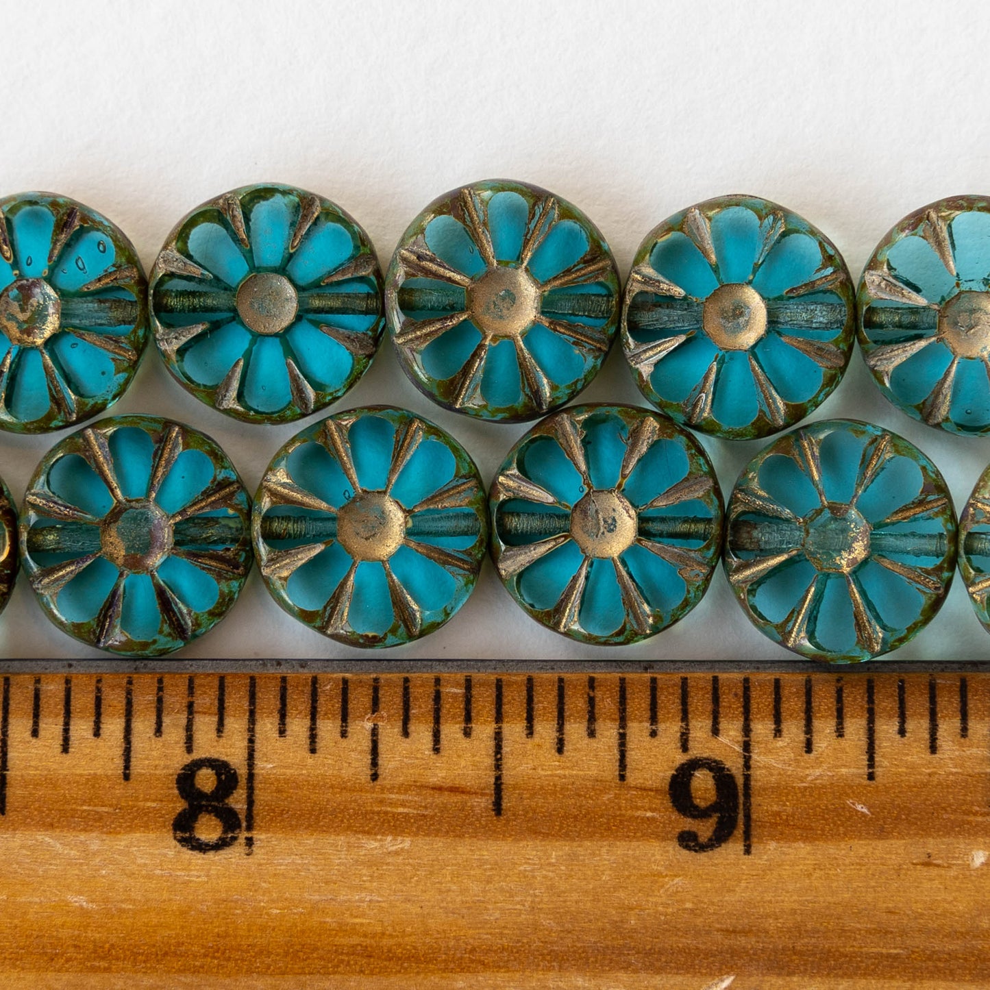 12mm Sunflower Coin Beads - Transparent Teal with Gold Wash - 8 beads