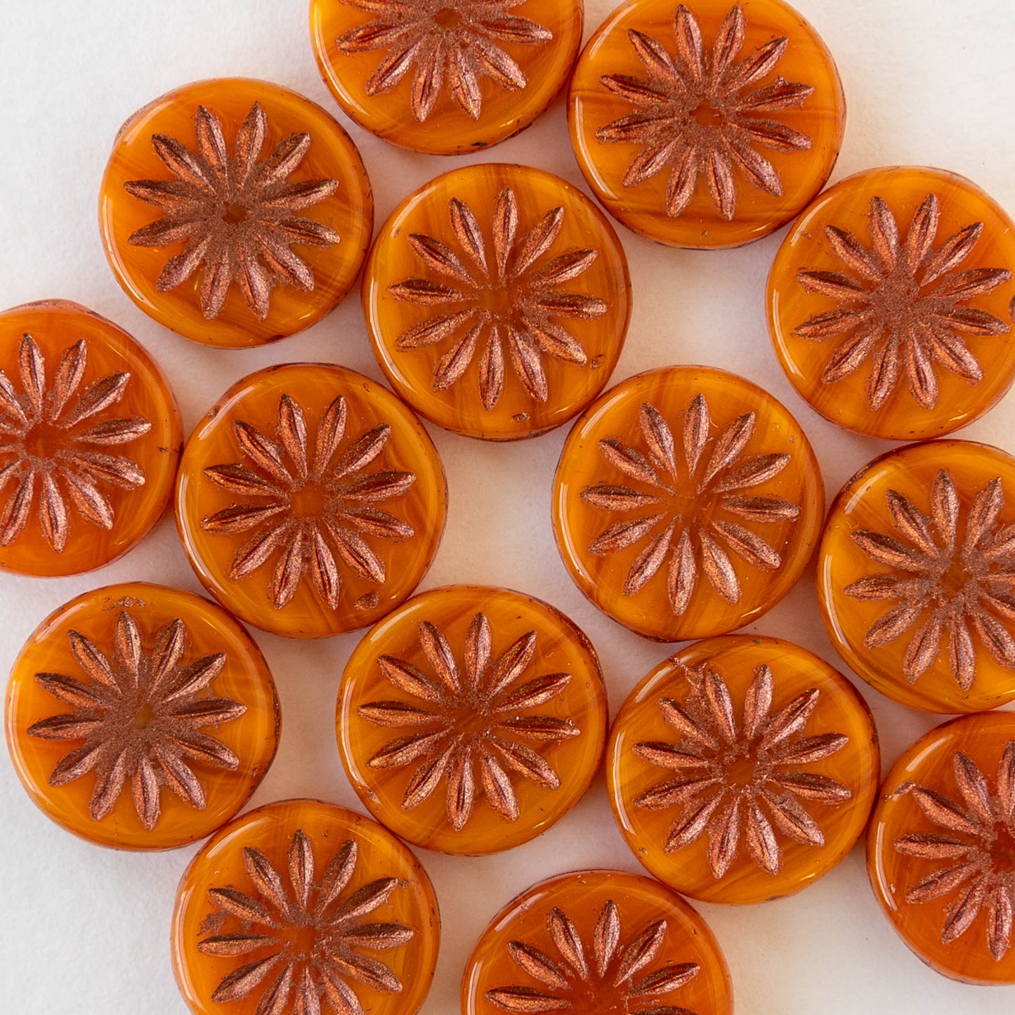 12mm Sun Coin Beads - Orange with Copper Wash - 6 Beads