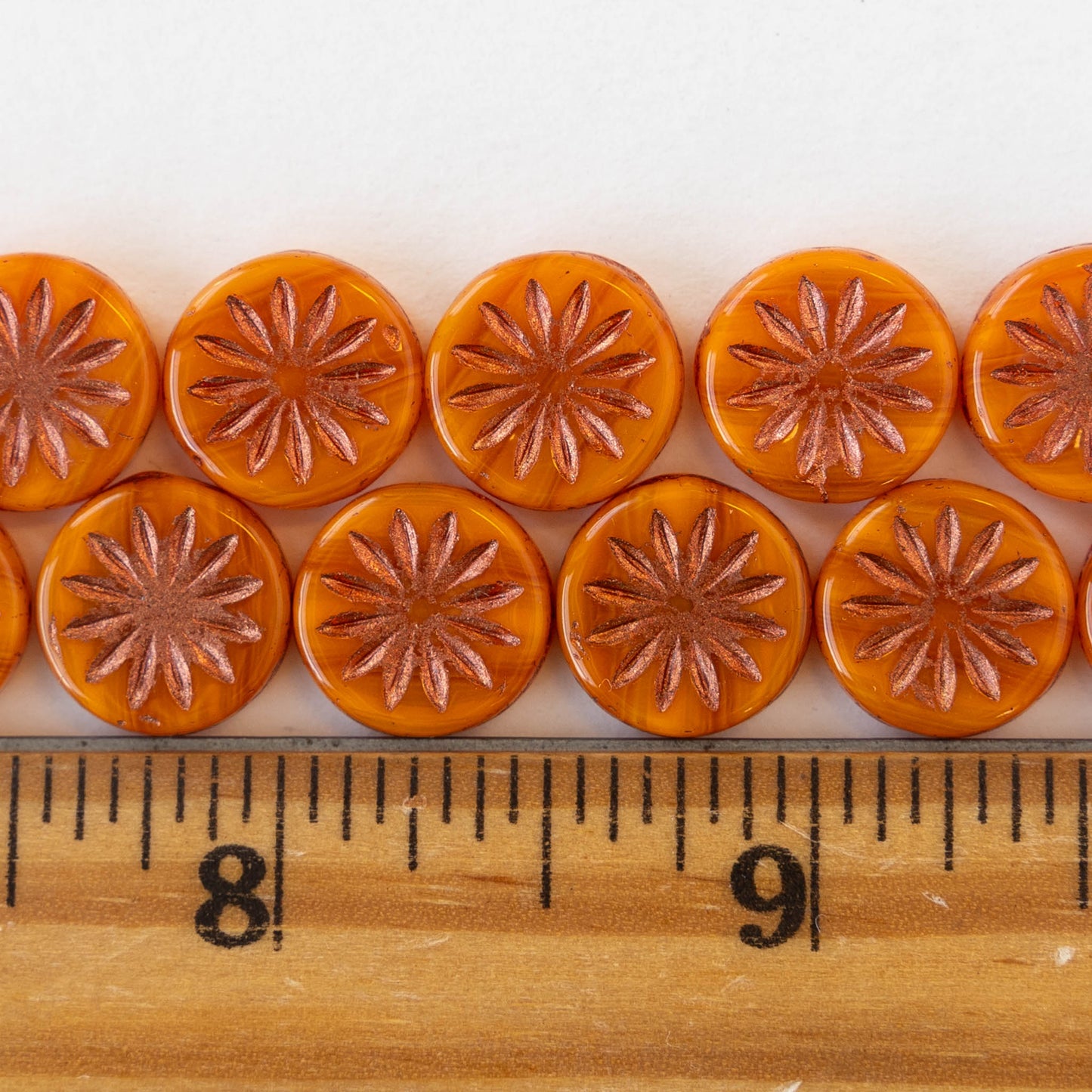 12mm Sun Coin Beads - Orange with Copper Wash - 6 Beads