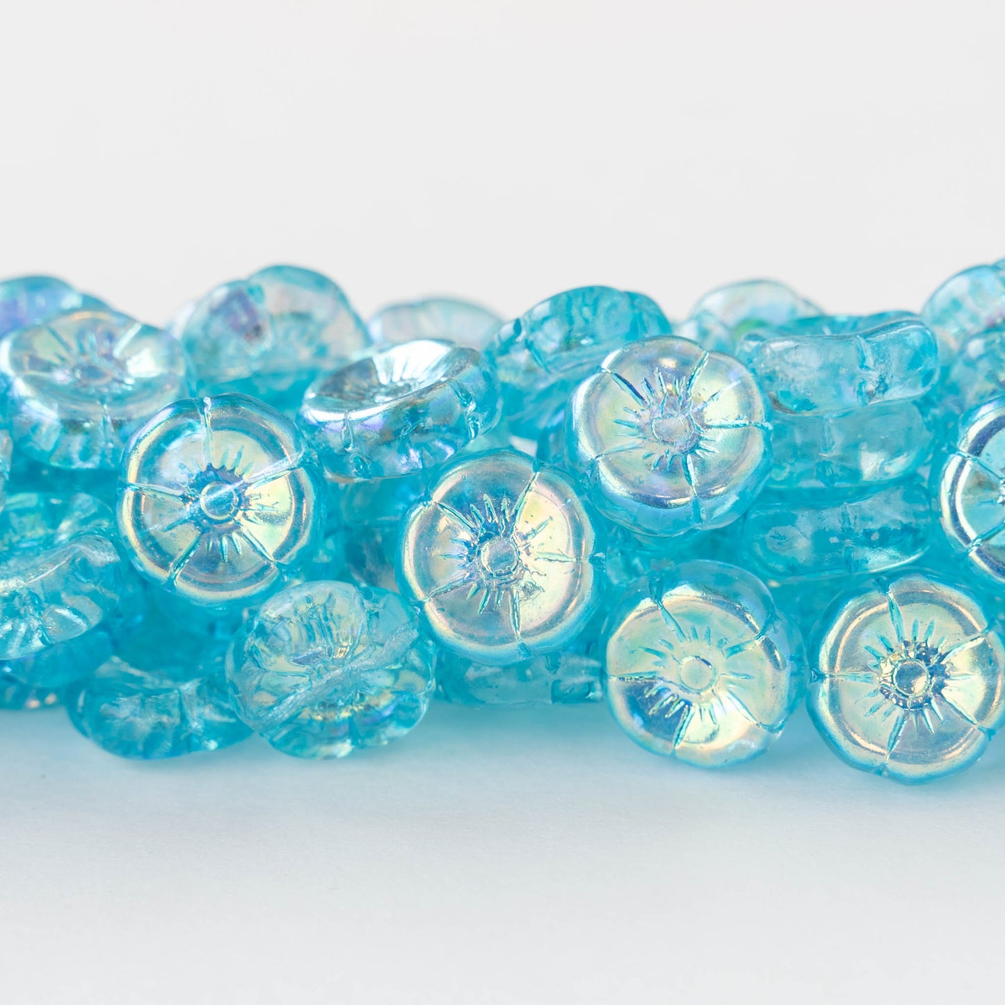 12mm Glass Flower Beads - Transparent Light Blue AB - 10 Beads