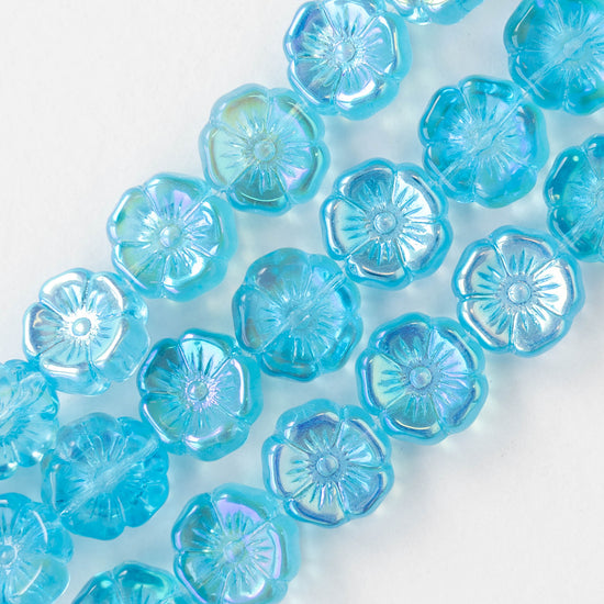 12mm Glass Flower Beads - Aqua AB - 10 Beads