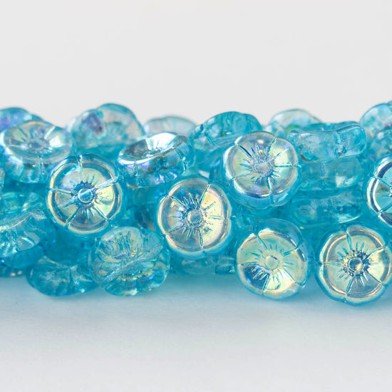 12mm Glass Flower Beads - Transparent Light Blue AB - 10 Beads