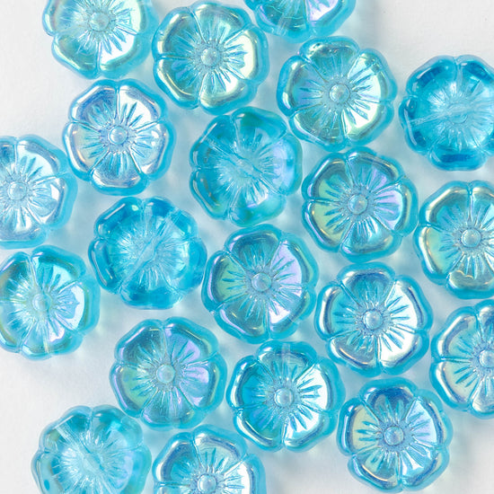 12mm Glass Flower Beads - Aqua AB - 10 Beads