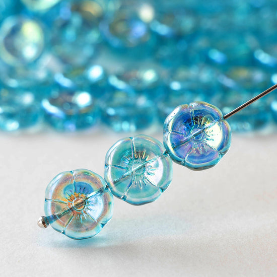 12mm Glass Flower Beads - Transparent Light Blue AB - 10 Beads