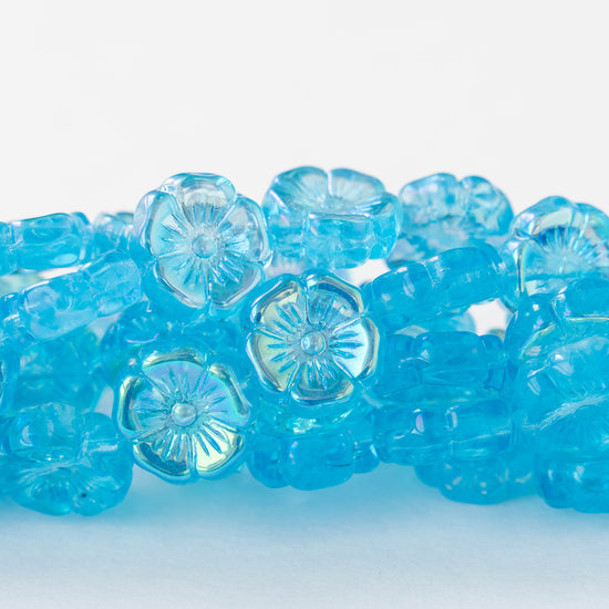 12mm Glass Flower Beads - Aqua AB - 10 Beads