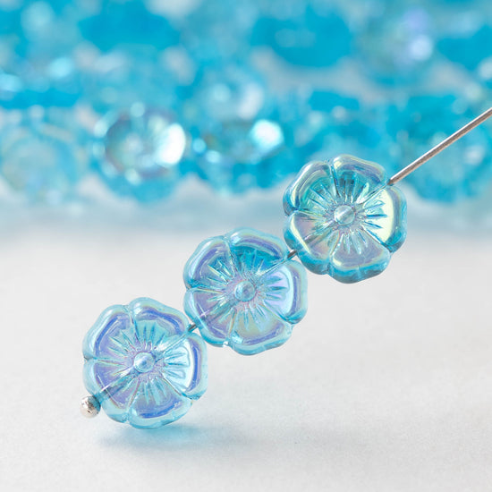 12mm Glass Flower Beads - Aqua AB - 10 Beads