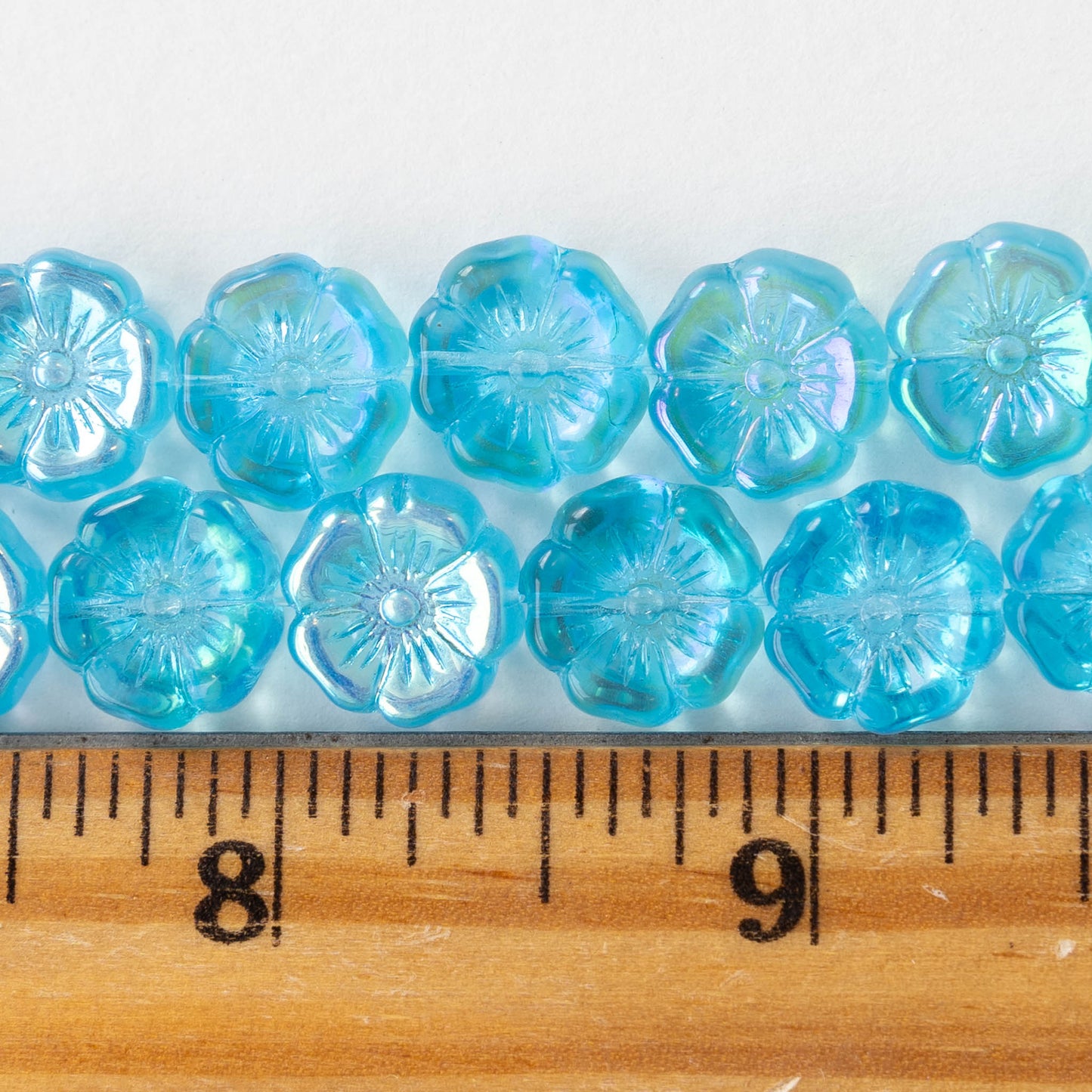 12mm Glass Flower Beads - Aqua AB - 10 Beads