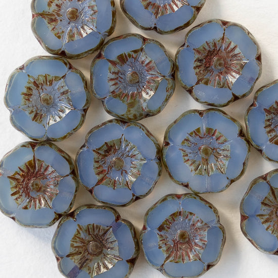 12mm Glass Flower Beads - Transparent Blue Opaline with a Picasso Finish - 12 Beads