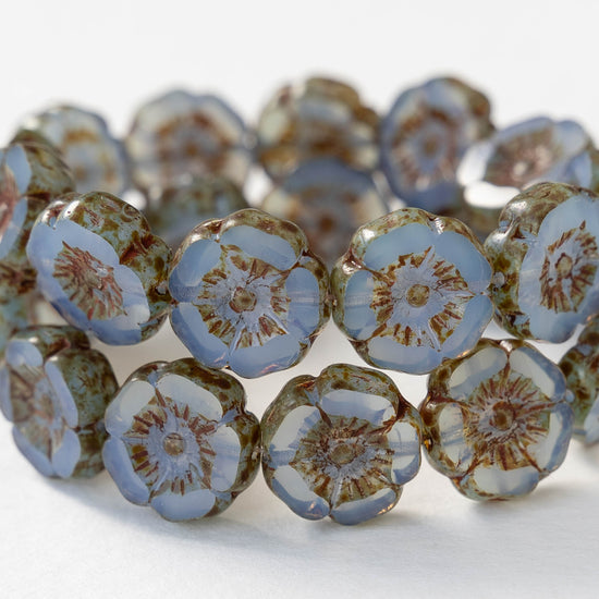 12mm Glass Flower Beads - Transparent Blue Opaline with a Picasso Finish - 12 Beads