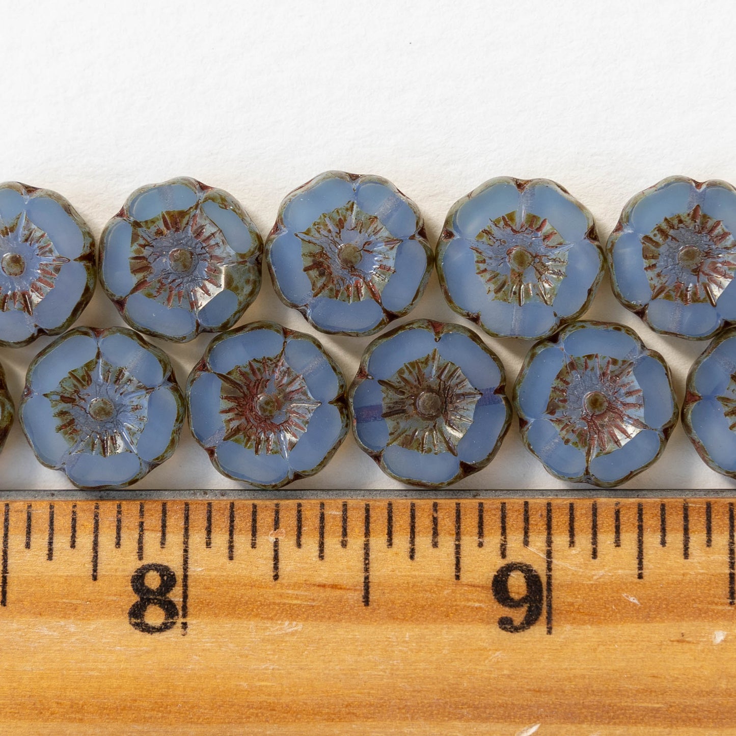 12mm Glass Flower Beads - Transparent Blue Opaline with a Picasso Finish - 12 Beads