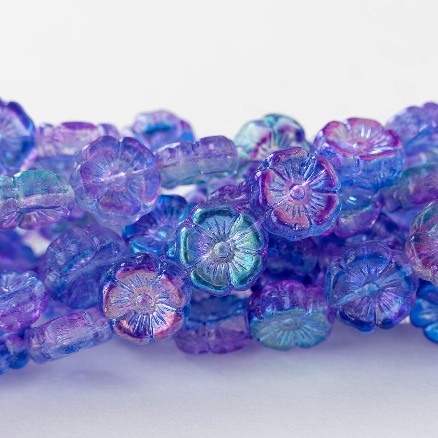 12mm Glass Flower Beads - Transparent Blue Purple AB - 10 Beads