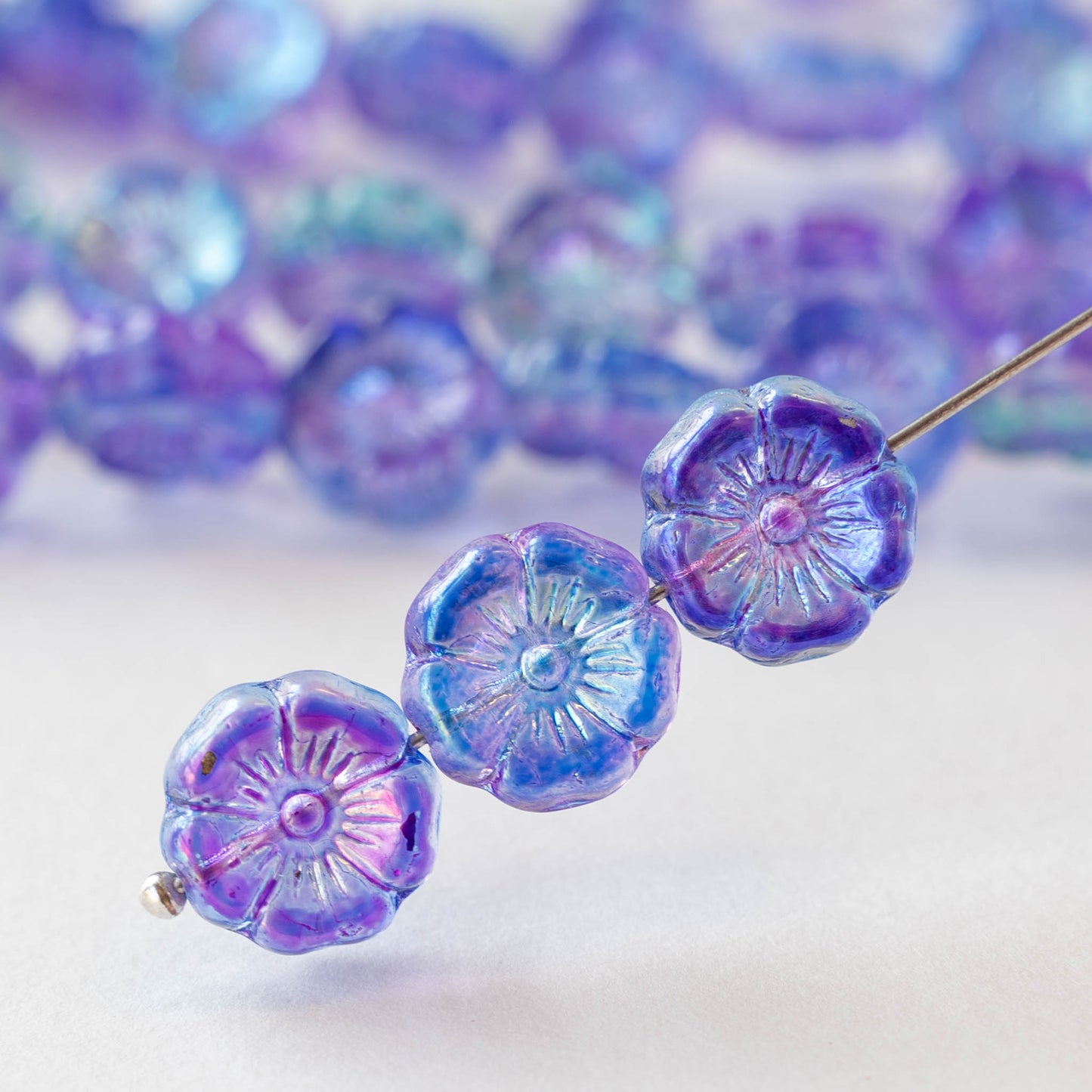 12mm Glass Flower Beads - Transparent Blue Purple AB - 10 Beads