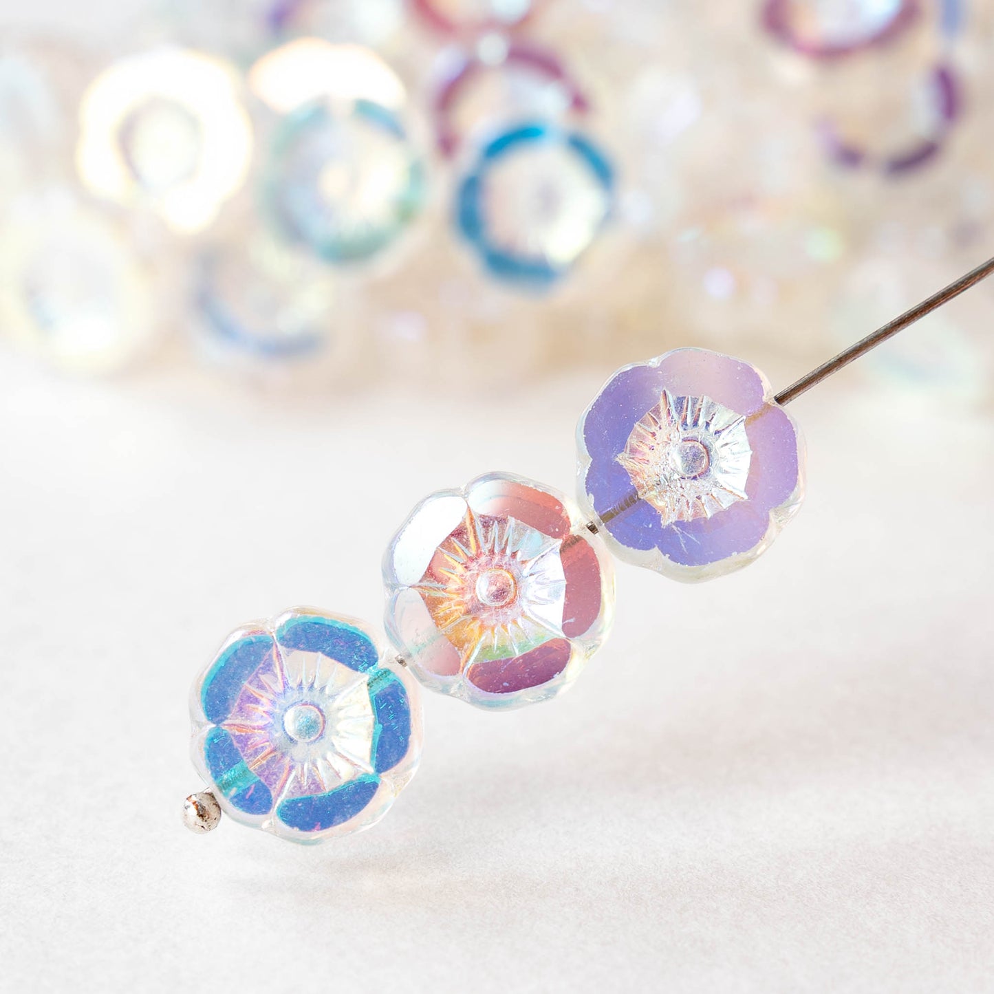 12mm Table Cut Glass Hibiscus Flower Beads - Crystal AB - 6 or 12 Beads