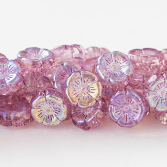 12mm Glass Flower Beads - Transparent Dusty Pink AB - 10 Beads