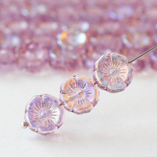 12mm Glass Flower Beads - Transparent Dusty Pink AB - 10 Beads