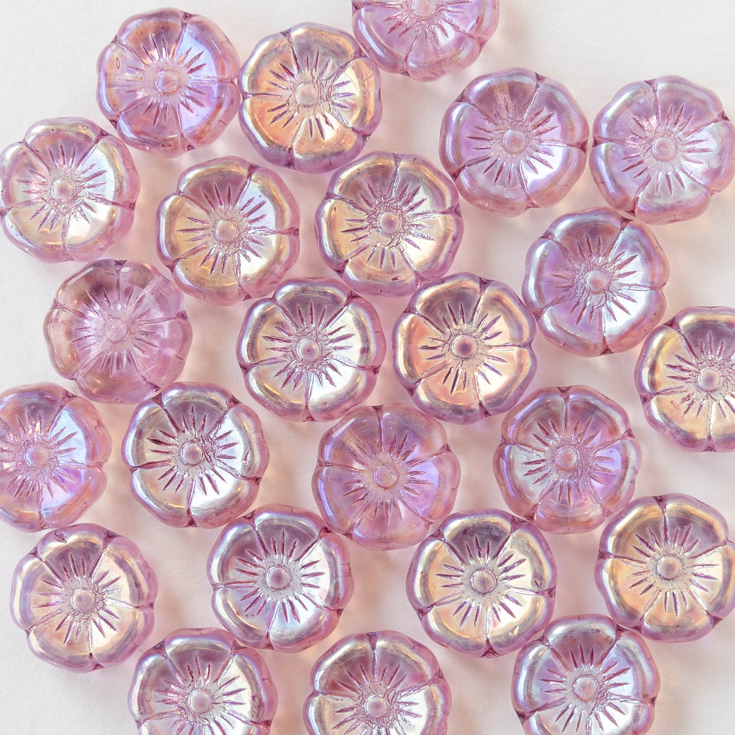 12mm Glass Flower Beads - Transparent Dusty Pink AB - 10 Beads