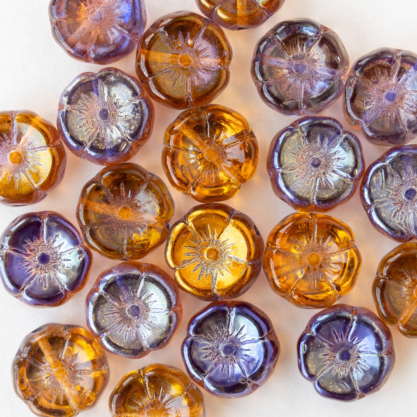 12mm Glass Flower Beads - Amber Gold and Purple Luster - 10 Beads