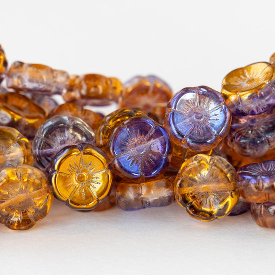 12mm Glass Flower Beads - Amber Gold and Purple Luster - 10 Beads