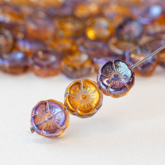 12mm Glass Flower Beads - Amber Gold and Purple Luster - 10 Beads