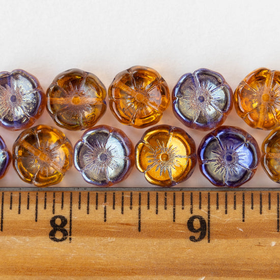 12mm Glass Flower Beads - Amber Gold and Purple Luster - 10 Beads