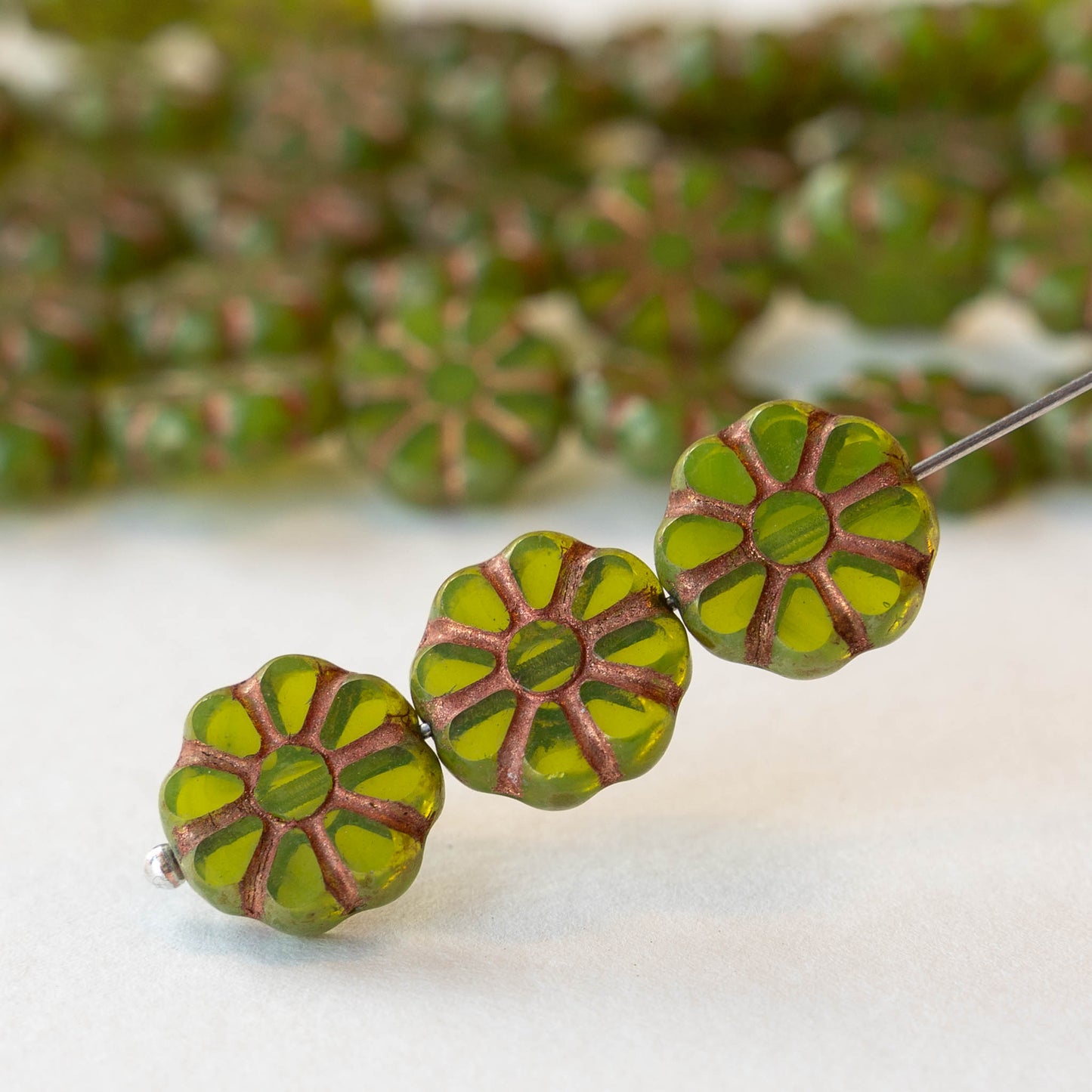 12mm Sunflower Coin Beads - Opaline Green with Copper Wash - 8 beads