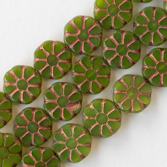 12mm Sunflower Coin Beads - Opaline Green with Copper Wash - 8 beads