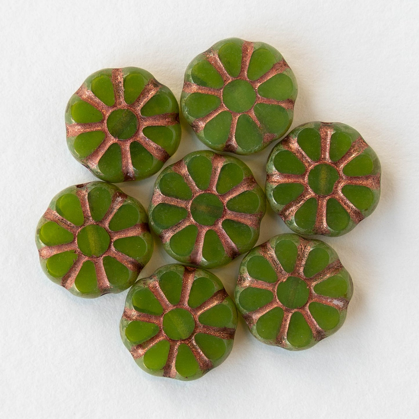 12mm Sunflower Coin Beads - Opaline Green with Copper Wash - 8 beads